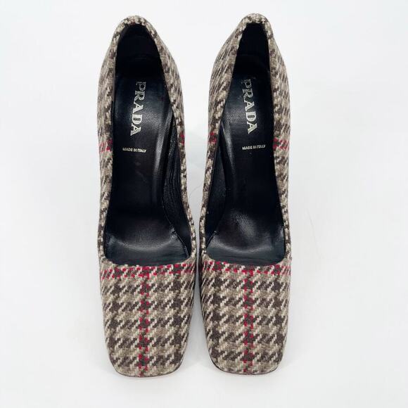 Prada Vintage IT 37 Brown Wool Houndstooth Square Toe Chunky Block Heel Pumps - Picture 5 of 11